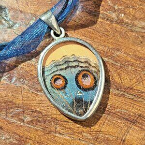Silver Moth Wing Pendant, Striking Blue Tan Orange Eyes Edvard Munch The Scream